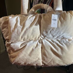 Anthropologie Ivory Quilted Velvet Tote Bag NWT Cozy Padded Cloud Bag